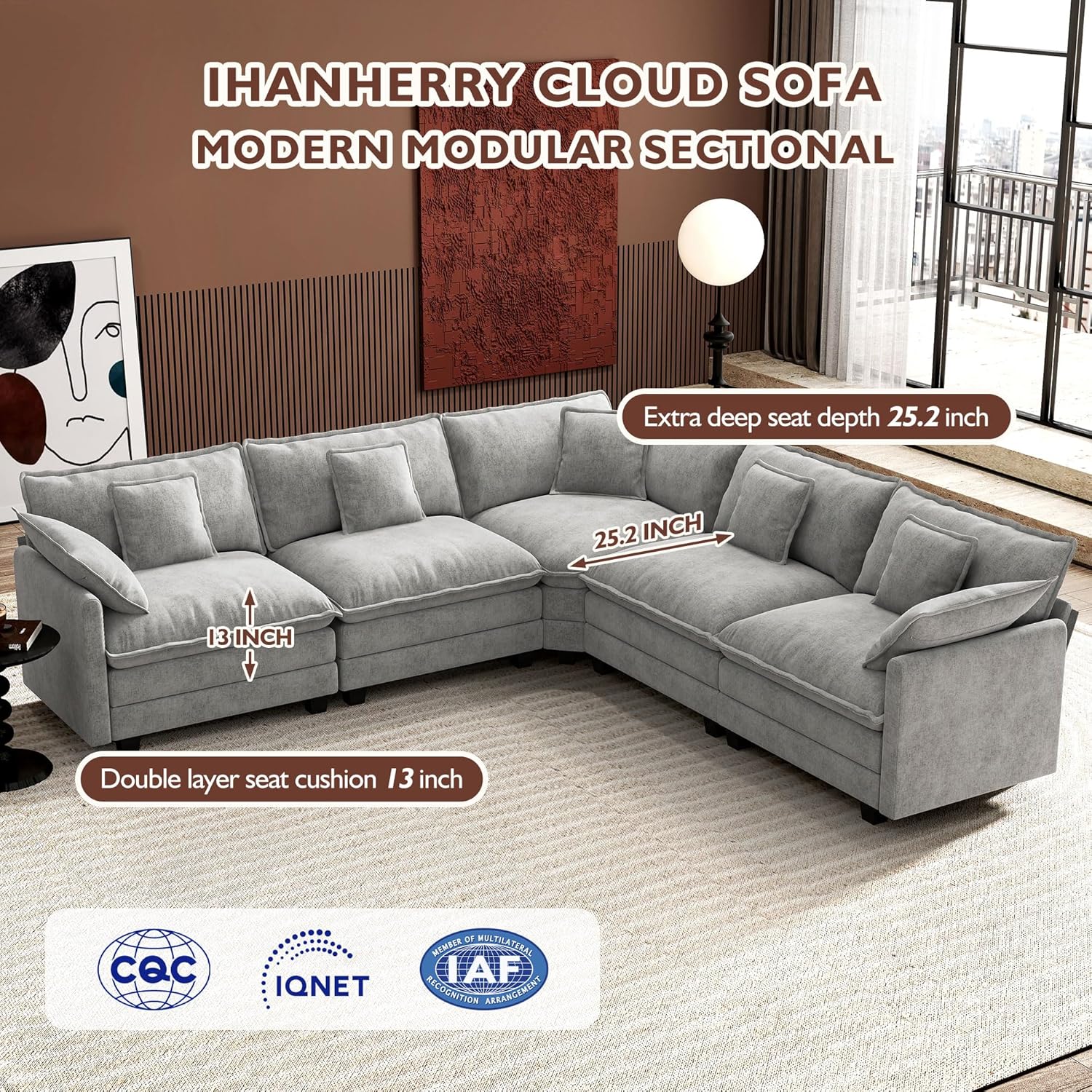 Ihanherry 146" U-Shaped Modern Sofa Modular Sectional Cloud Couch with 2 Ottoman, 6-Seat Chenille Deep Seat Sofa with 6 Pillows for Living Room, Bedroom and Apartment, Grey