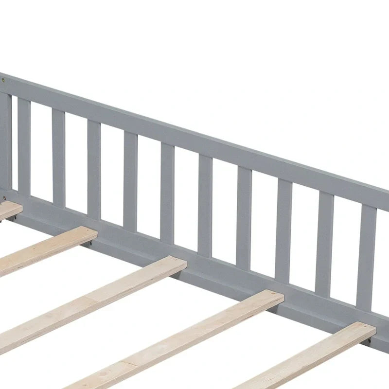 Kids' Full-Size Wooden Floor Bed with Fence and Door