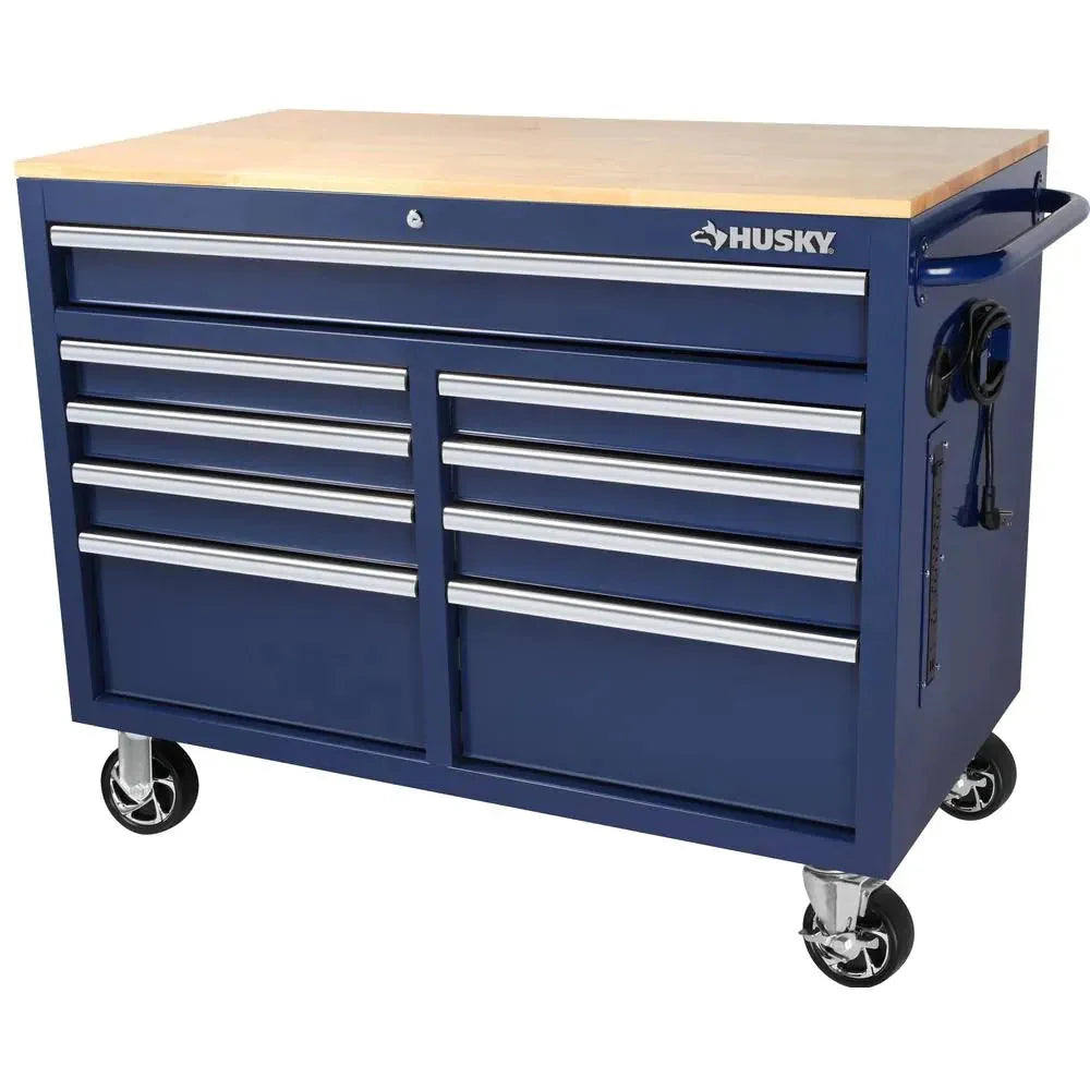 46-in W x 24.5-in D 9-Drawer Mobile Workbench with Hardwood Top and Power Station �� Gloss Black
