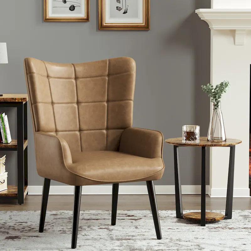 Set of 2 High-Back Tufted Accent Chairs in Cream, Brown, and Taupe
