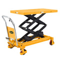 Hydraulic lifting table trolley C load capacity 350 kg, maximum height 130 cm, double scissor lift table with safety device and 4 wheels