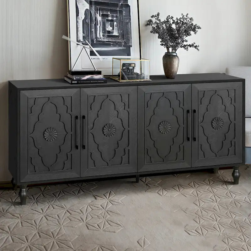 Large Floral Carved Storage Cabinet - Sideboard Buffet