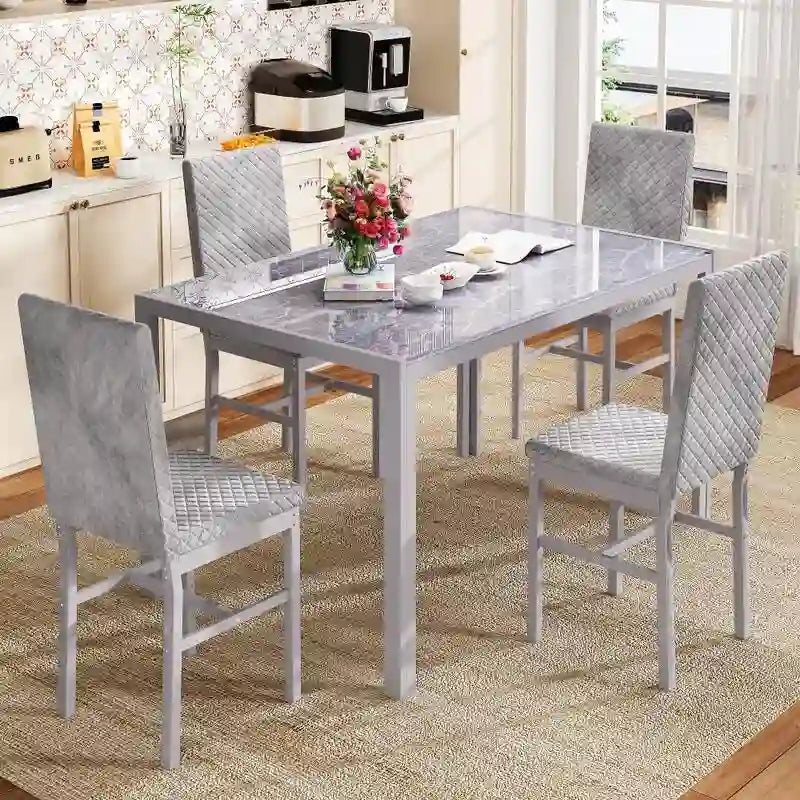 Grondin Contemporary 5-Piece Dining Set with Tempered Glass Table and 4 Diamond-Stitched PU Leather Chairs
