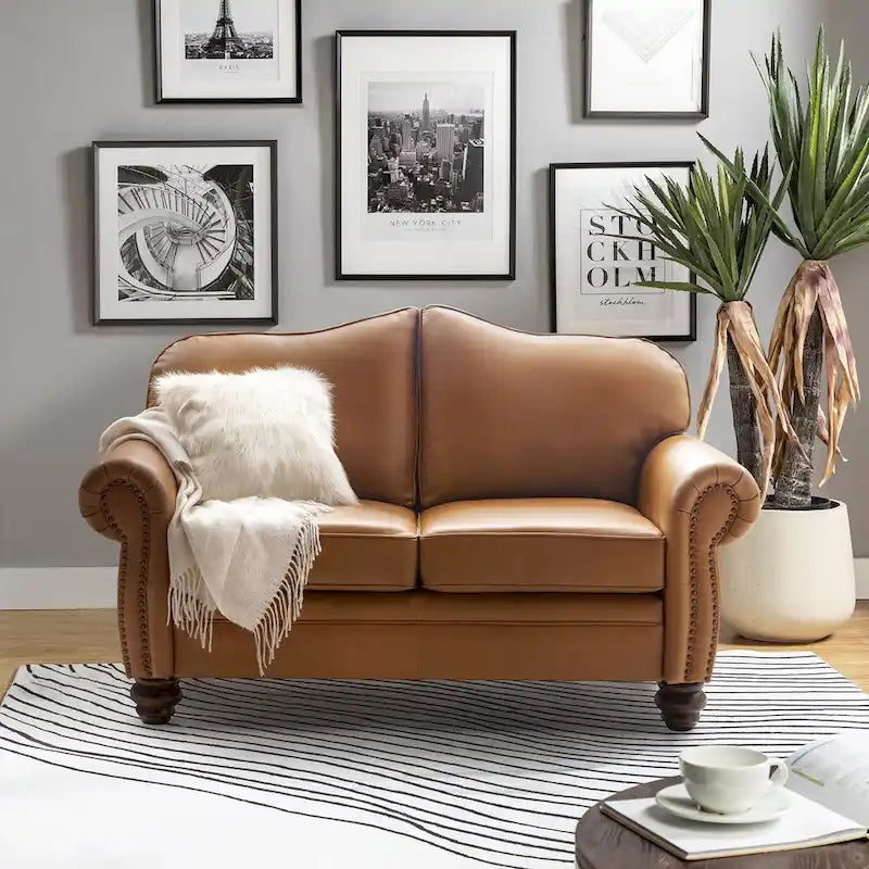 Leather Loveseat Sofa with Rolled Arms and Nailhead Trim