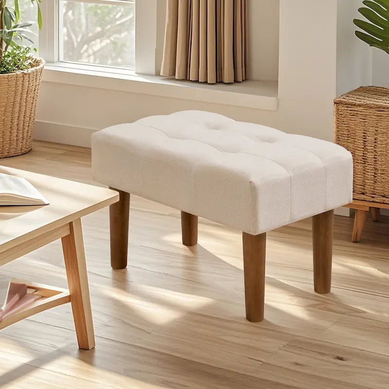 Set of 2 Small Linen Foot Stools with Legs - Rectangle Upholstered Ottoman Footrests