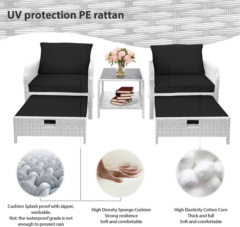 LEVELEVE Balcony Furniture 5 Piece Patio Conversation Set, PE Wicker Rattan Outdoor Lounge Chairs with Soft Cushions 2 Ottoman&Glass Table for Porch, Lawn-Brown Wicker