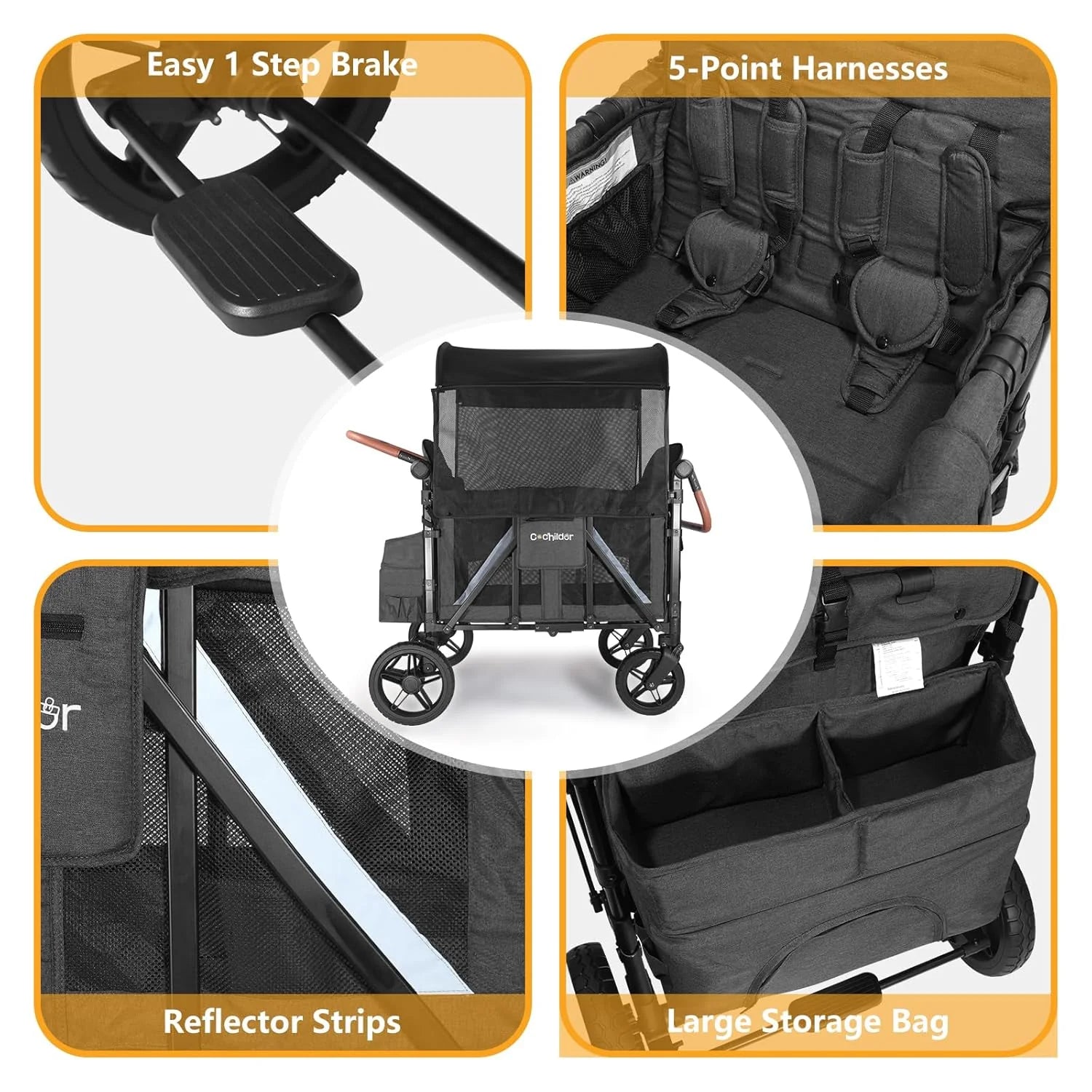 All-Terrain 4 Seater Wagon Stroller for Kids - Heavy-Duty 300lb Capacity, One-Hand Fold Design, High Seats with 5-Point Harness, Adjustable Canopy and Handlebars, Light Grey