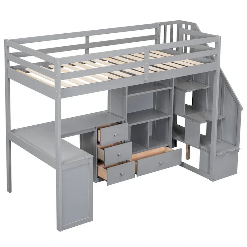 Loft Bed with Desk Storage Drawers Shelves and Staircase