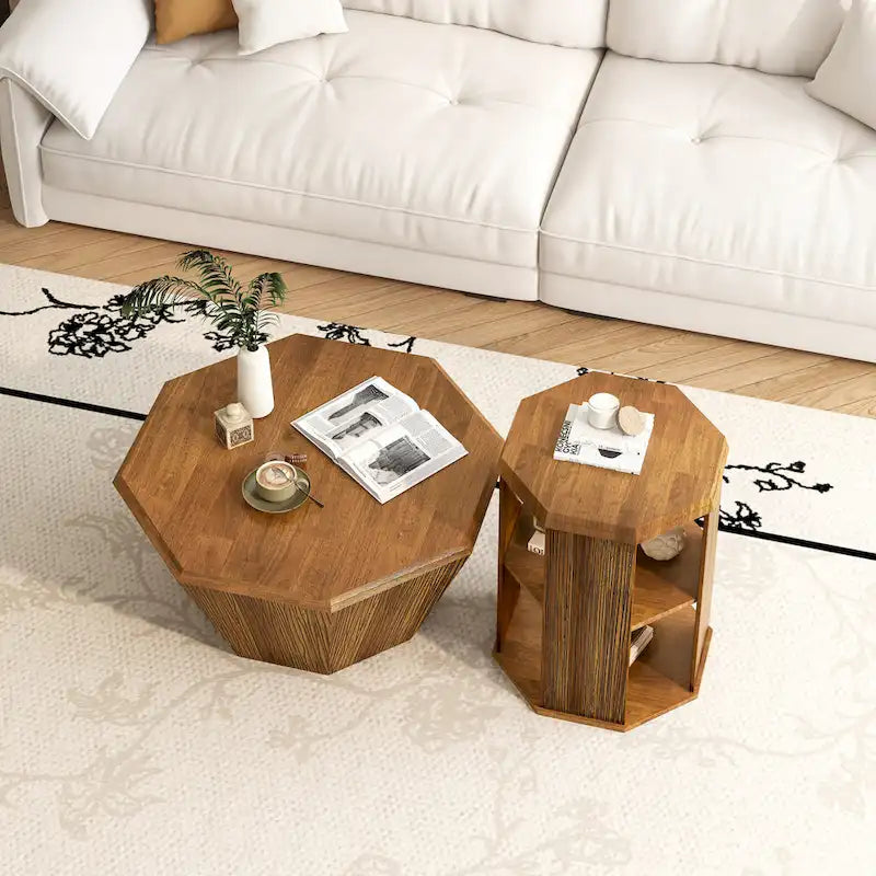Set of 2 Octagonal Rubber Wood Coffee Tables - 31.5 Inches