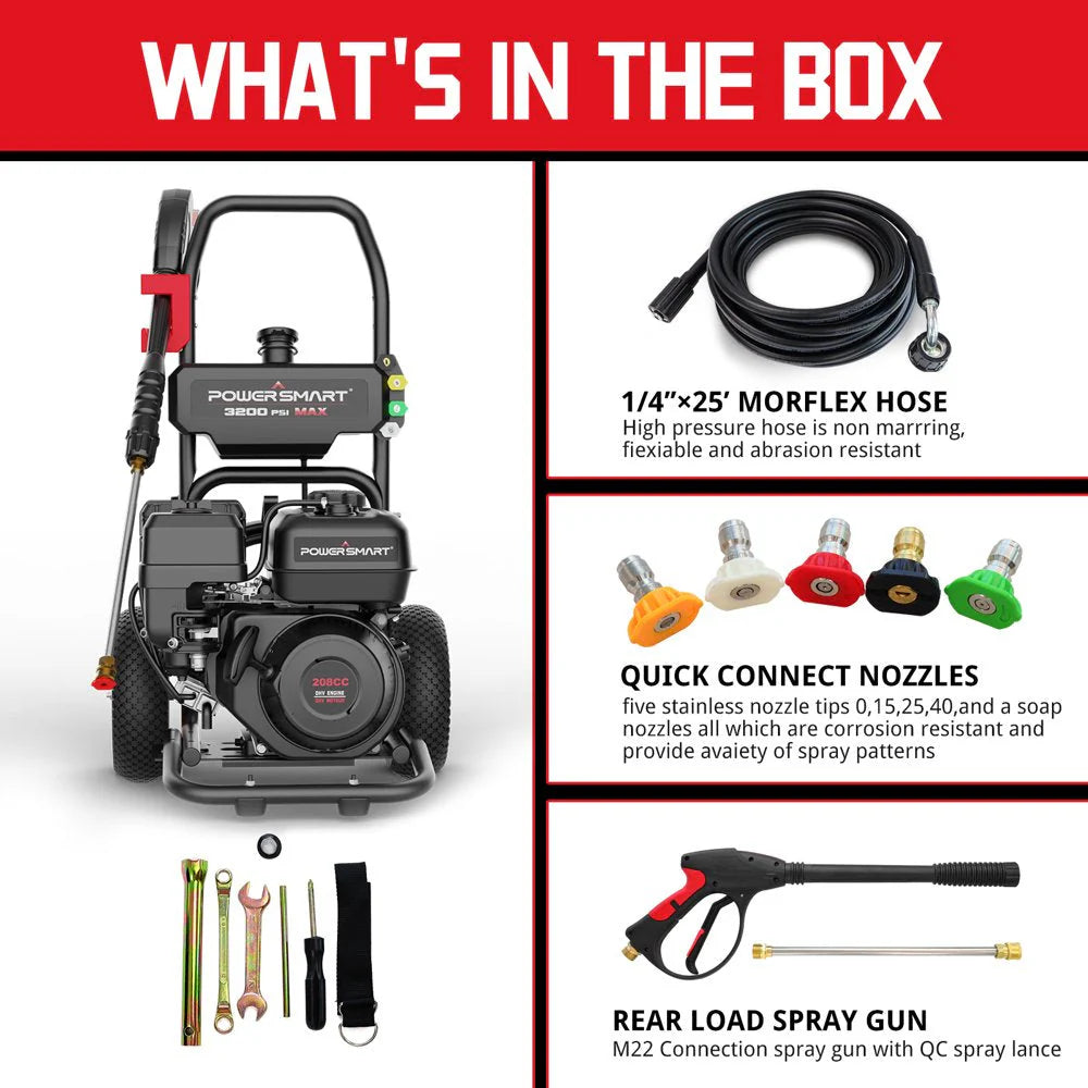 PowerSmart 3200PSI Gas Pressure Washer with 5 Nozzles & Soap Tank