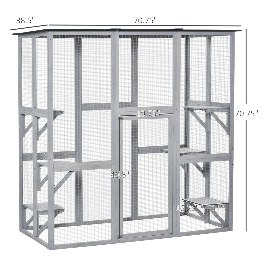 PawHut Wooden Catio Enclosure with Weather Protection, 6 Platforms, Outdoor, Large, 71" x 38.5" x 71"