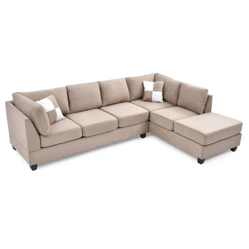 Malone 111-Inch Suede 4-Seater Sectional Sofa with Two Throw Pillows - Dimensions: 111L x 78W x 34H