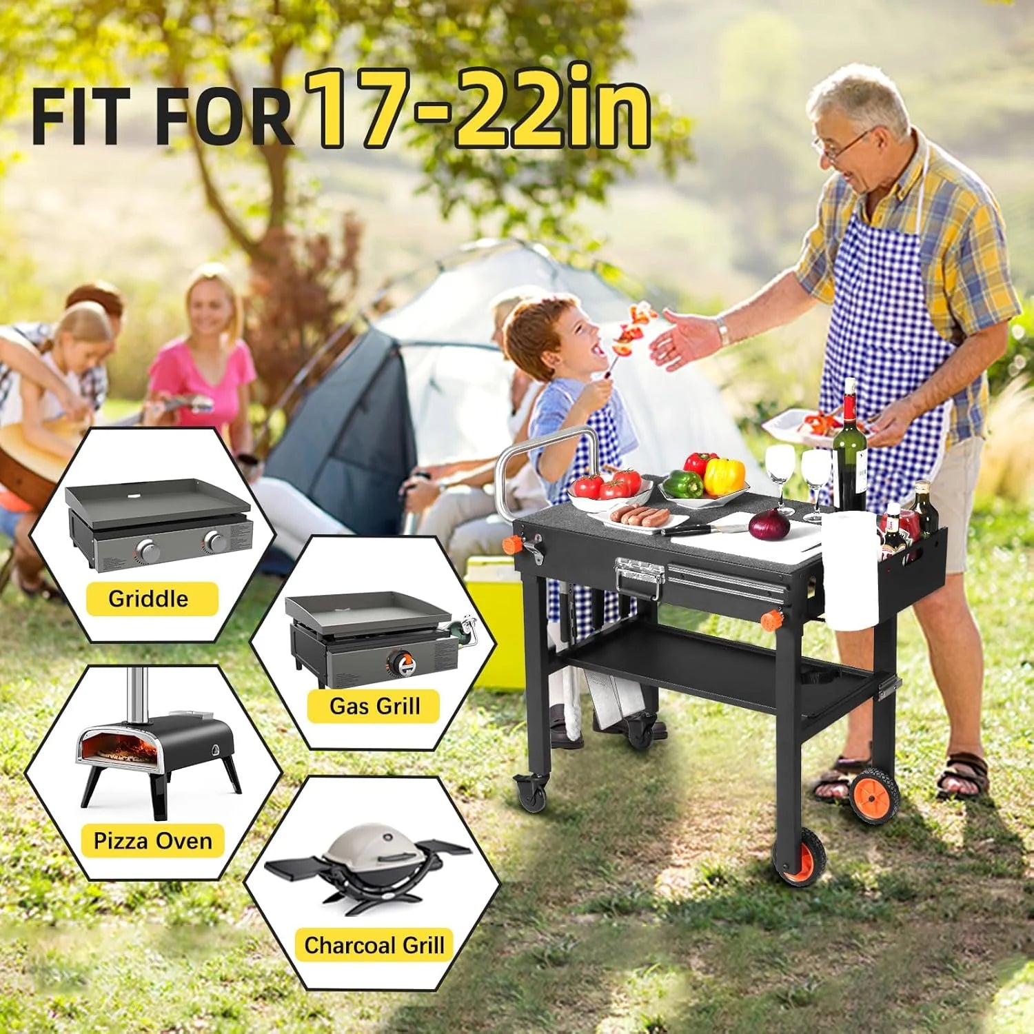 Portable Adjustable Grill Table with Stainless Steel Top – 3 Shelves, Magnetic Tool Holder, Bottle Opener