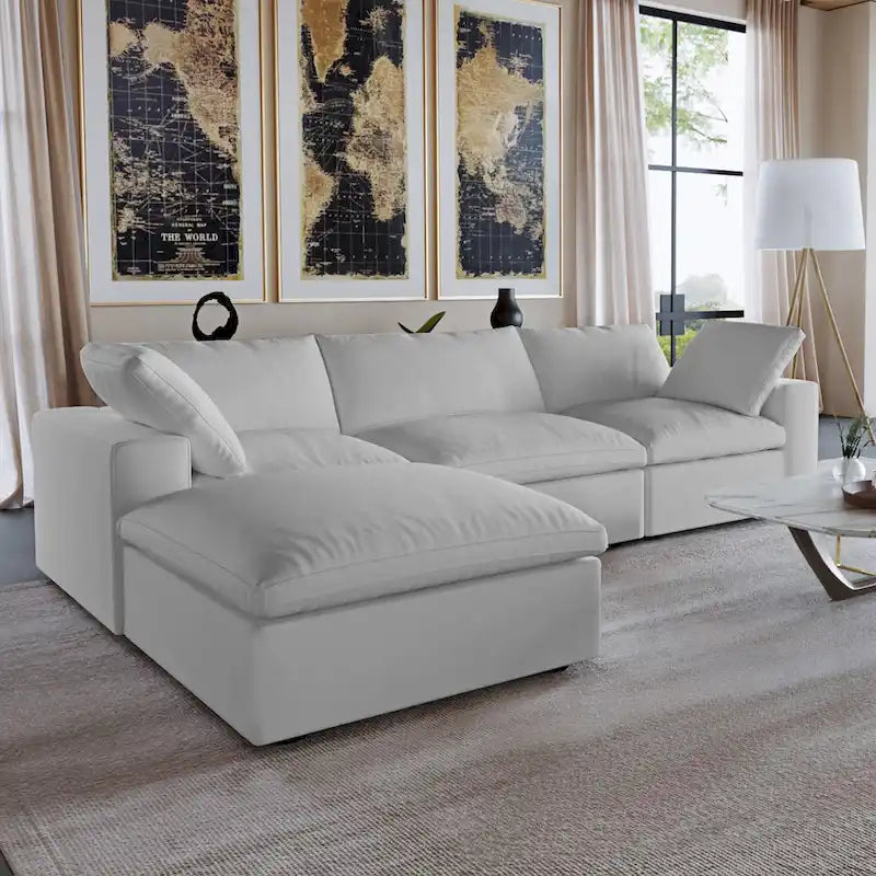 Sectional Couch with L-Shaped Design and Linen Upholstery, Featuring Multiple Cushions