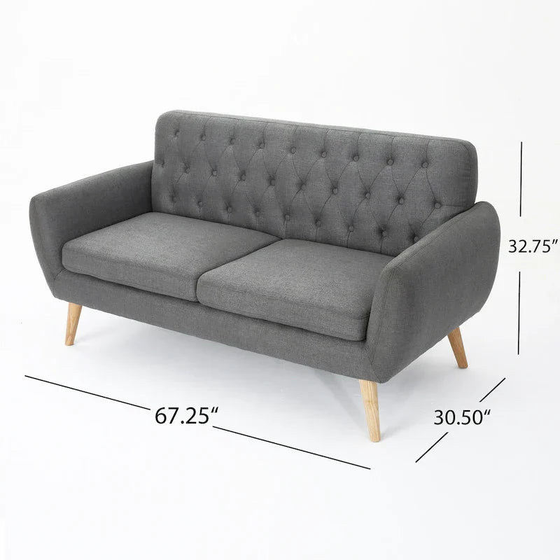 Mid Century Tufted Sofa with Cushioned Seat and Wooden Legs