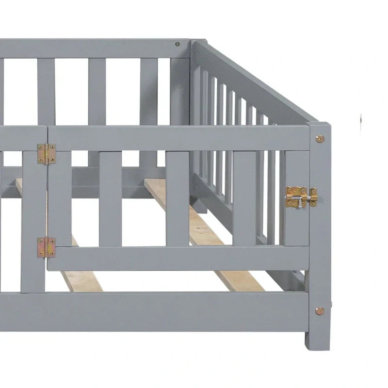 Kids' Full-Size Wooden Floor Bed with Fence and Door