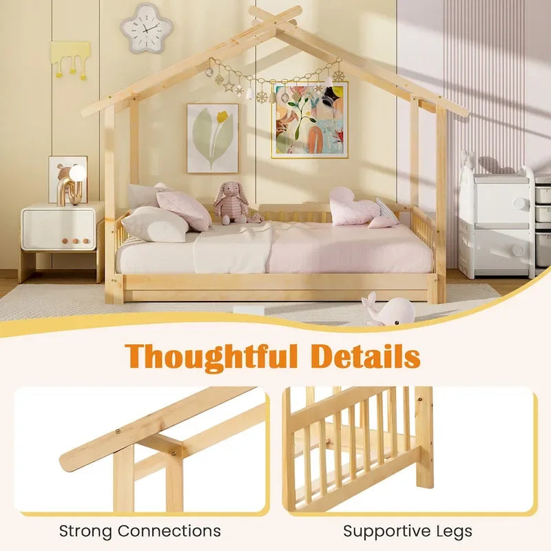 Gymax Twin to King Wooden House Bed Daybed with Safety Rails & Customizable Design
