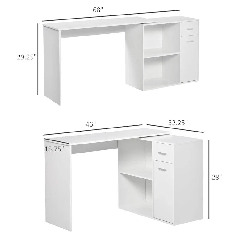 HOMCOM L-Shaped Corner Computer Desk with Rotating Storage Shelves and Drawer for Home and Office Workspaces