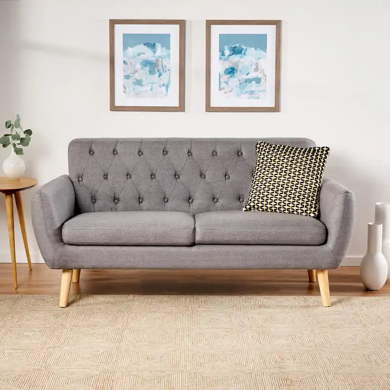 Mid Century Tufted Sofa with Cushioned Seat and Wooden Legs