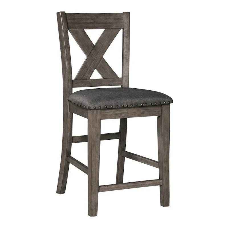 7 Piece Dining Table Set, Lattice Back Chairs, Dark Gray Wood, Polyester