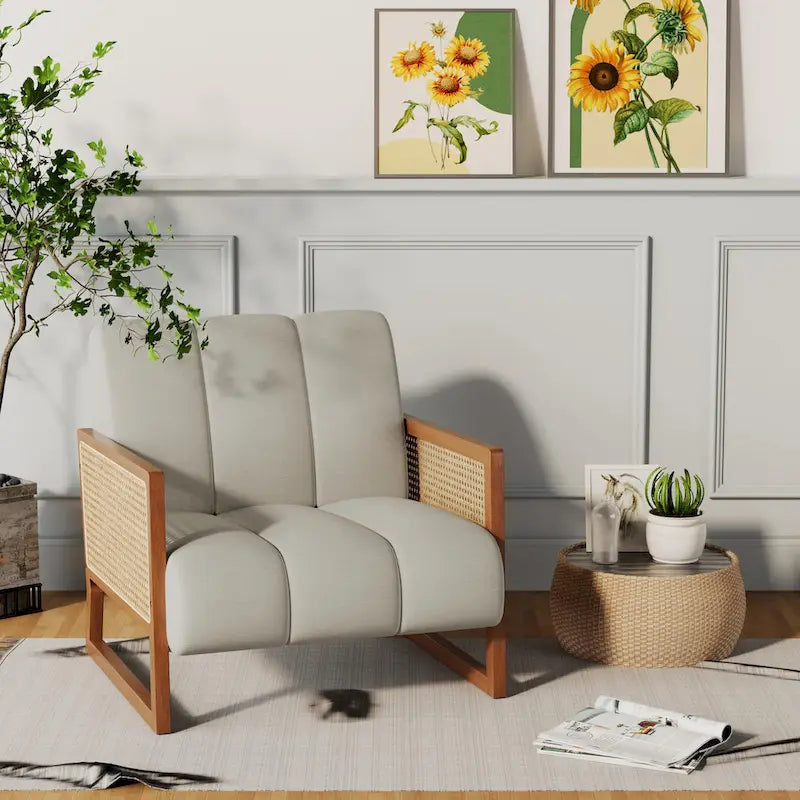 Mid-Century Modern Upholstered Rattan Accent Chairs - Natural Linen Armchairs for Living Room and Bedroom