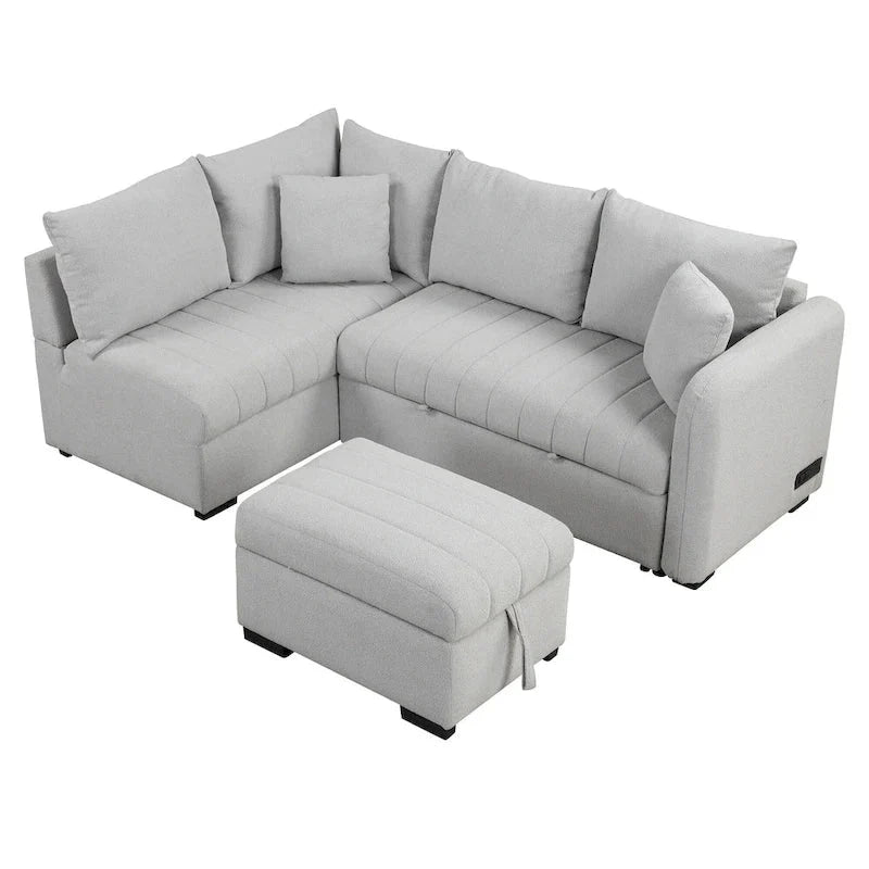 Sectional Sofa Bed with Storage Ottoman USB Ports and Pull Out Design