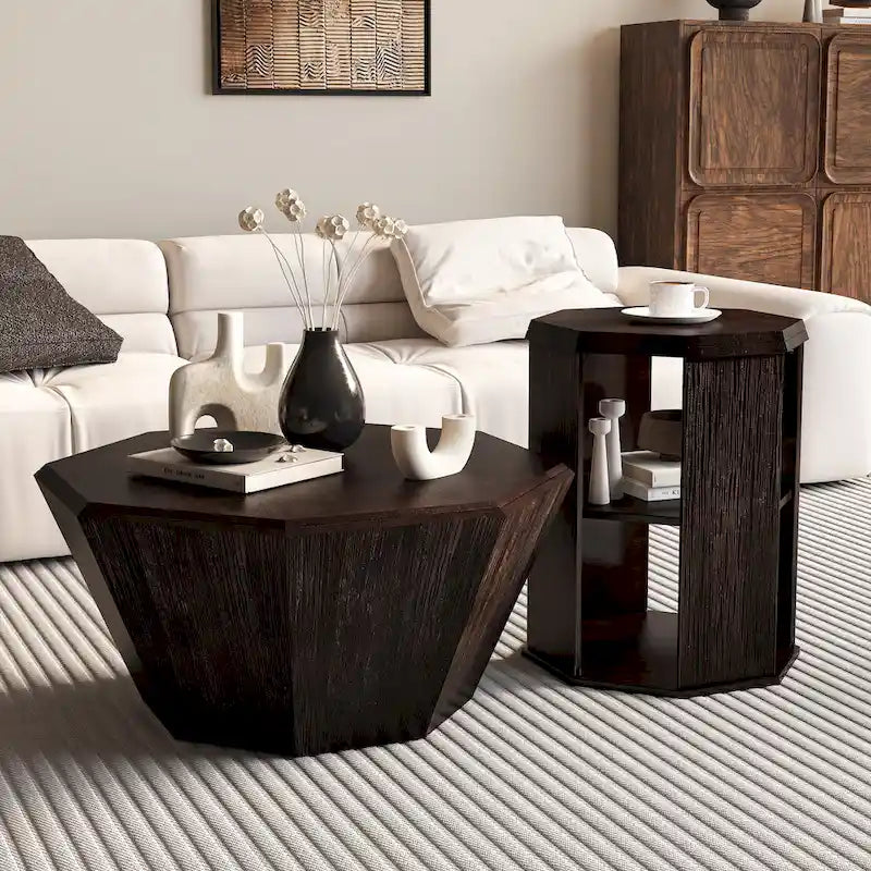 Set of 2 Octagonal Rubber Wood Coffee Tables - 31.5 Inches