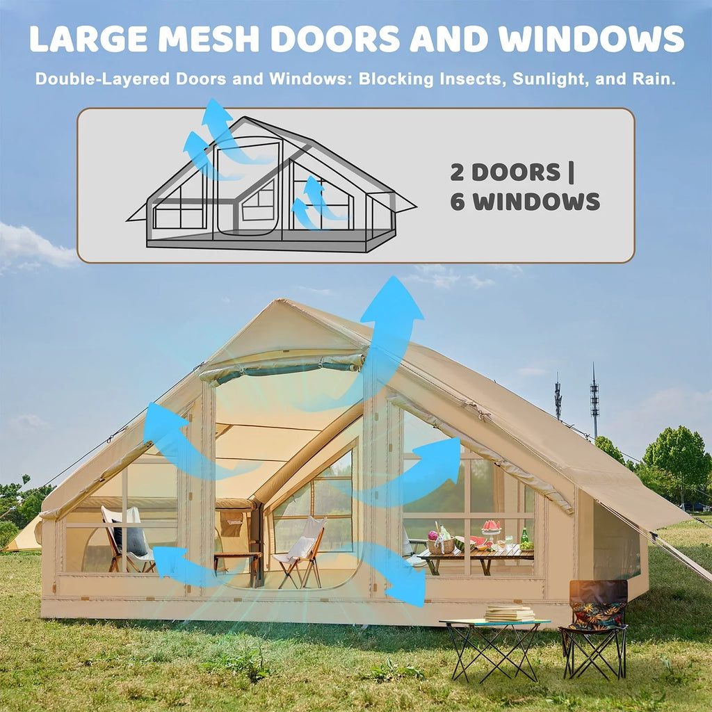 2025 6 Person Inflatable Camping Tent with Pump, 10ft x7ft Glamping Family Tent Easy Setup 4 Season Waterproof Windproof Outdoor Blow Up Tent Luxury Oxford Cabin with Mesh Windows & Doors sgtnighsdesigns