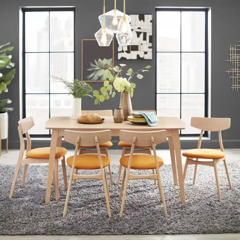 Mid Century Dining Table Set with 6 Upholstered Chairs and Wooden Frame