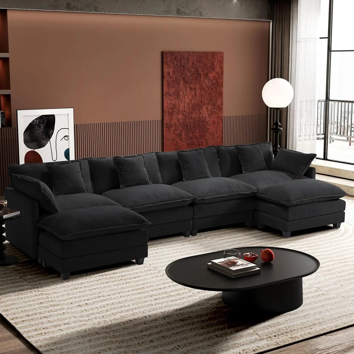 Ihanherry 146" U-Shaped Modern Sofa Modular Sectional Cloud Couch with 2 Ottoman, 6-Seat Chenille Deep Seat Sofa with 6 Pillows for Living Room, Bedroom and Apartment, Grey
