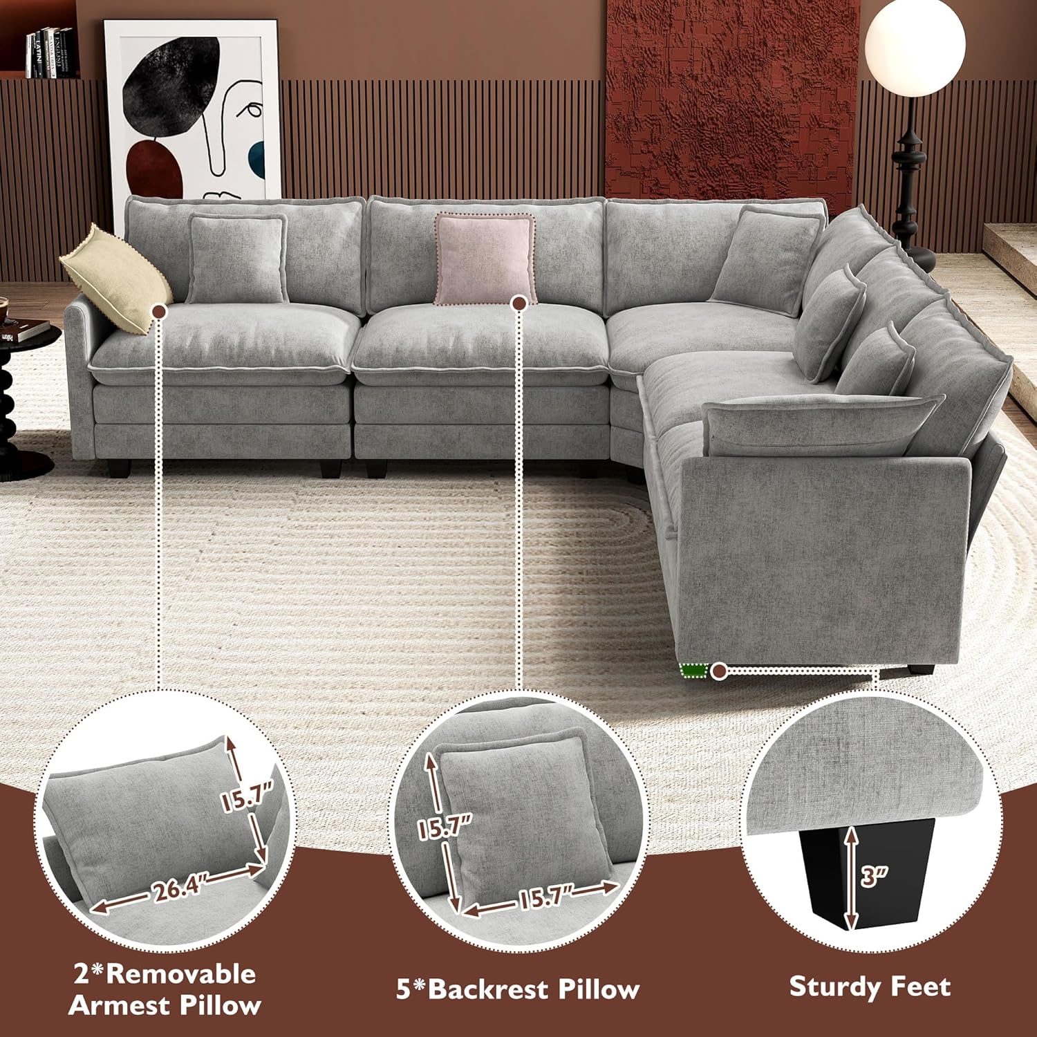 Ihanherry 146" U-Shaped Modern Sofa Modular Sectional Cloud Couch with 2 Ottoman, 6-Seat Chenille Deep Seat Sofa with 6 Pillows for Living Room, Bedroom and Apartment, Grey