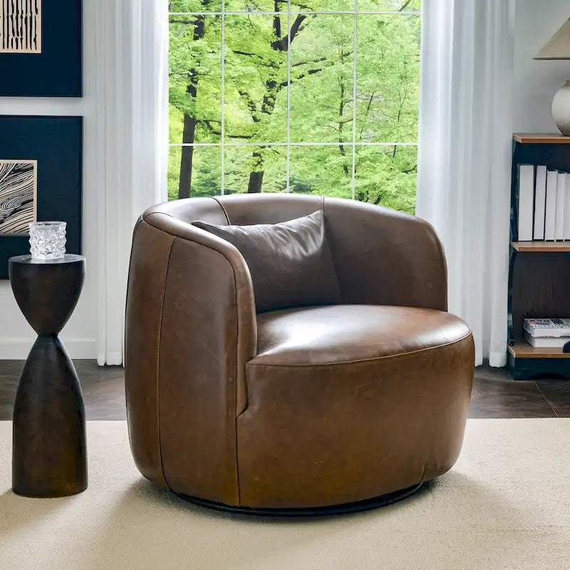 KINWELL Contemporary Genuine Leather Swivel Armchair with Cushion