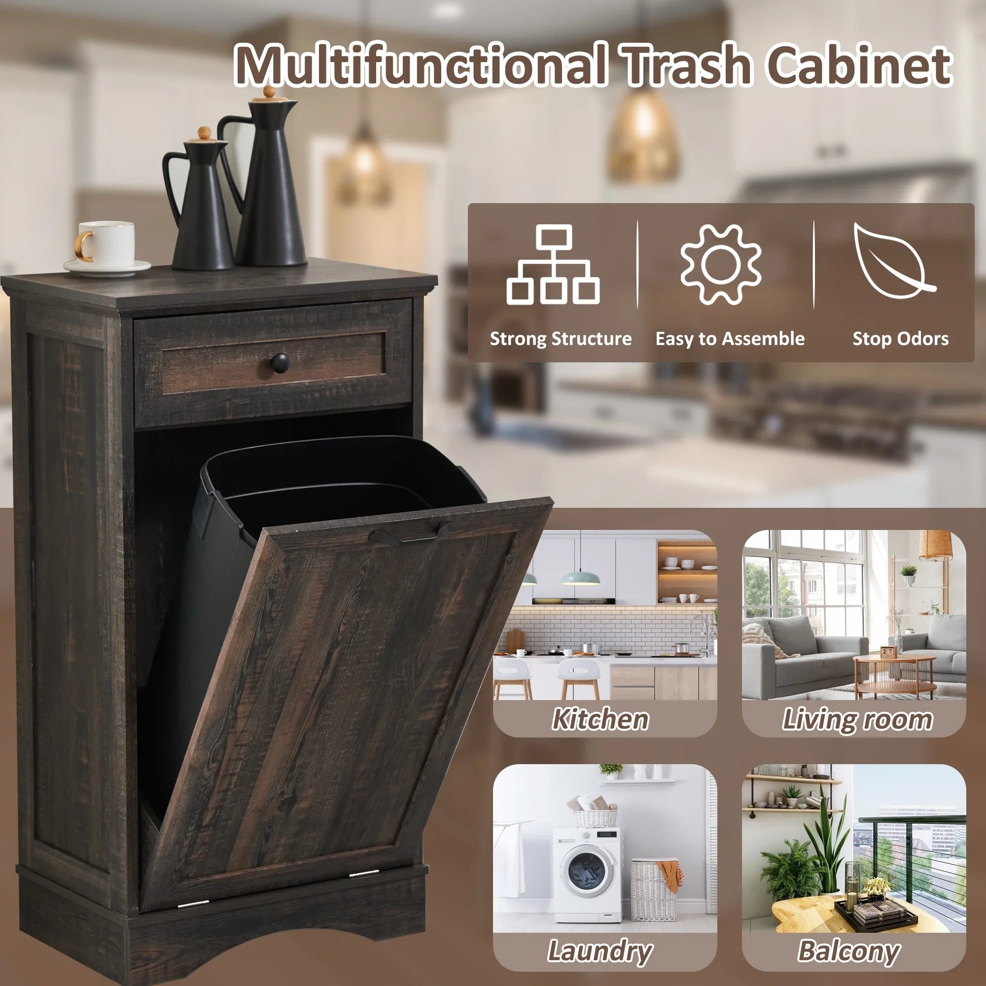 HARIPUL Single Tilt Out Trash Cabinet for 13 Gallon Waste Bin, Free Standing Kitchen Trash Can Cabinet with Drawers, White