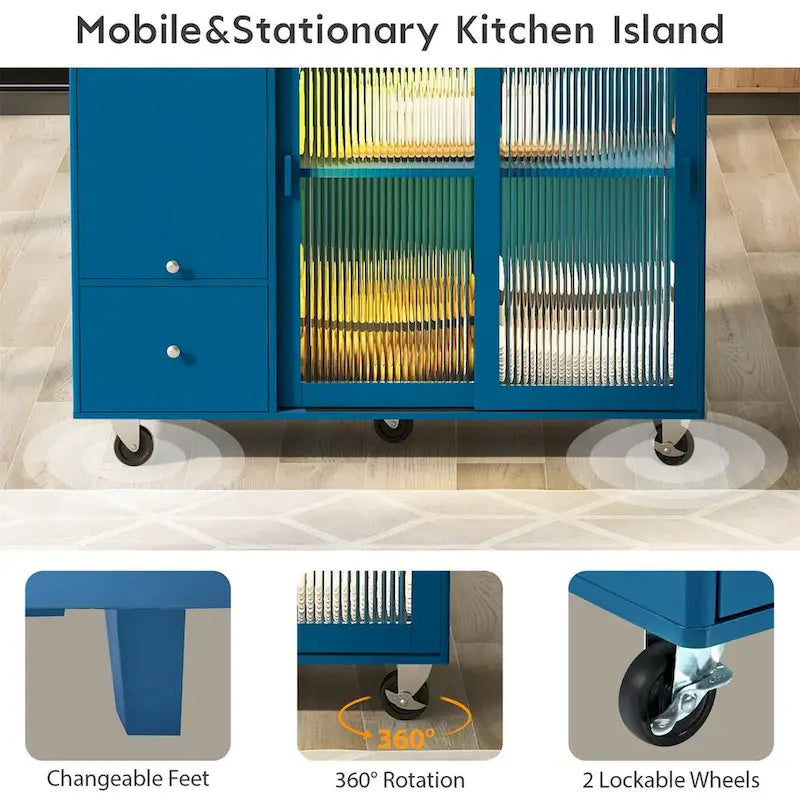 Kitchen Island with Drop Leaf Sliding Glass Doors and Storage on Wheels