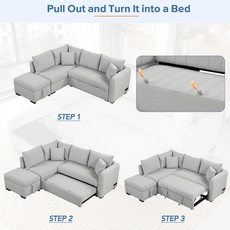 Sectional Sofa Bed with Storage Ottoman USB Ports and Pull Out Design