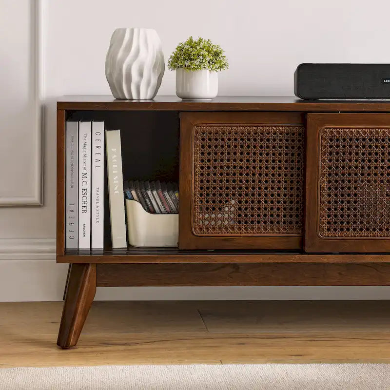 Mid Century TV Stand with Rattan Sliding Doors and Open Shelves