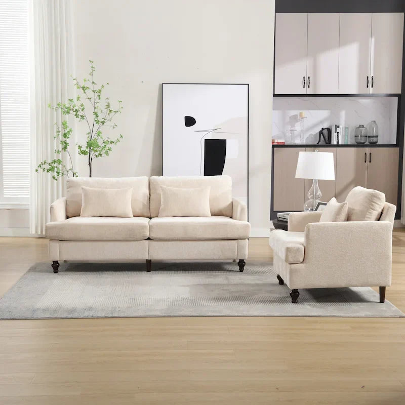 HOMEFUN Chenille Upholstered Loveseat and Armchair Set with Wooden Frame for Living Room