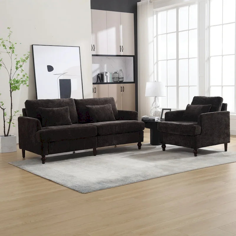 HOMEFUN Chenille Upholstered Loveseat and Armchair Set with Wooden Frame for Living Room