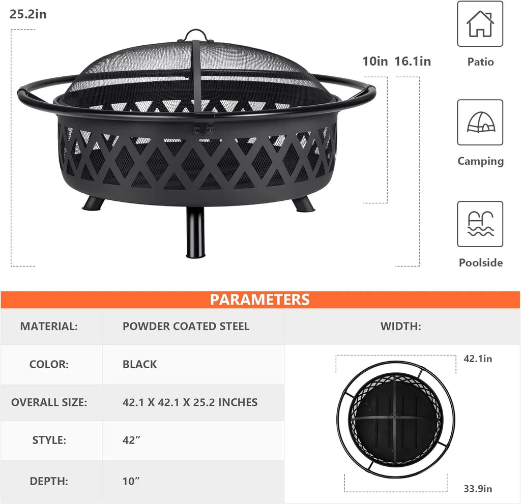 SUNCREAT 42�� Patio Fire Pit Wood Burning with Mesh Spark Screen, Bonfire Outdoor firepit with Fireplace Poker, Black