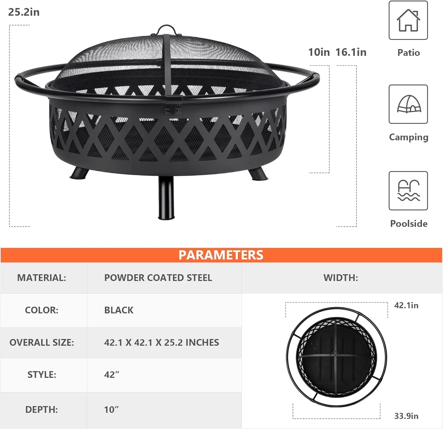 SUNCREAT 42�� Patio Fire Pit Wood Burning with Mesh Spark Screen, Bonfire Outdoor firepit with Fireplace Poker, Black