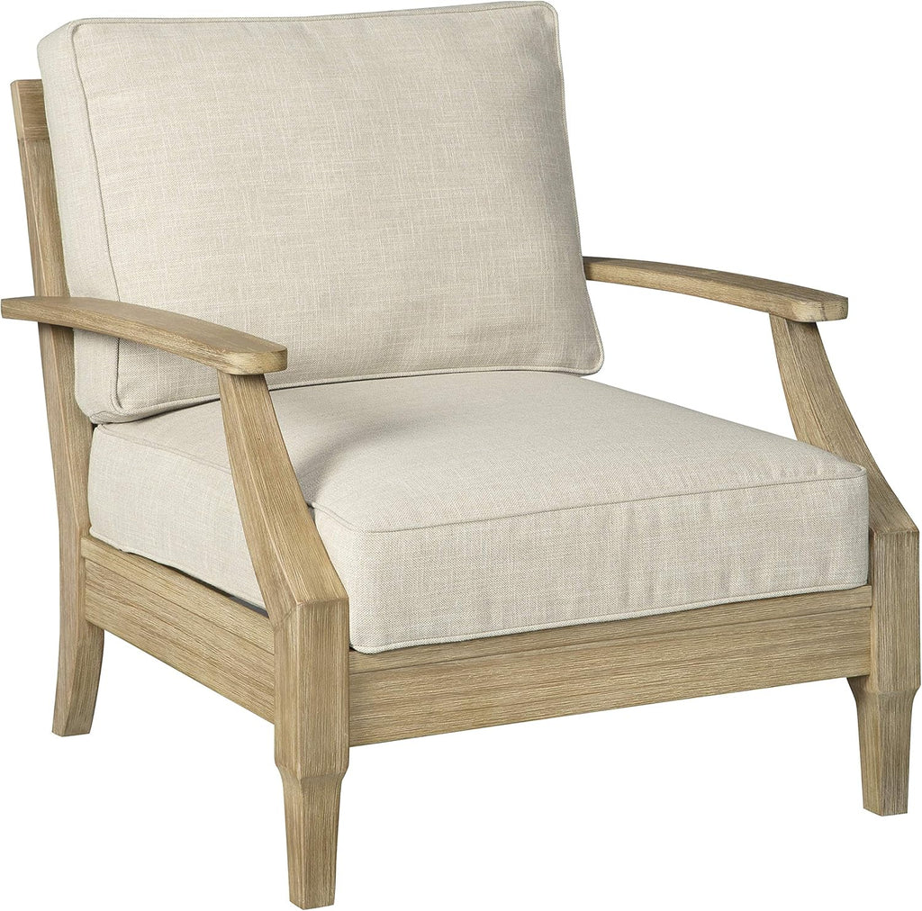Signature Design by Ashley Clare View Coastal Outdoor Patio Eucalyptus Sofa with Cushions, Beige