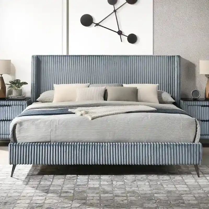 Roundhill Furniture Mavela King Size Panel Bed with Wide Wale Corduroy Upholstery