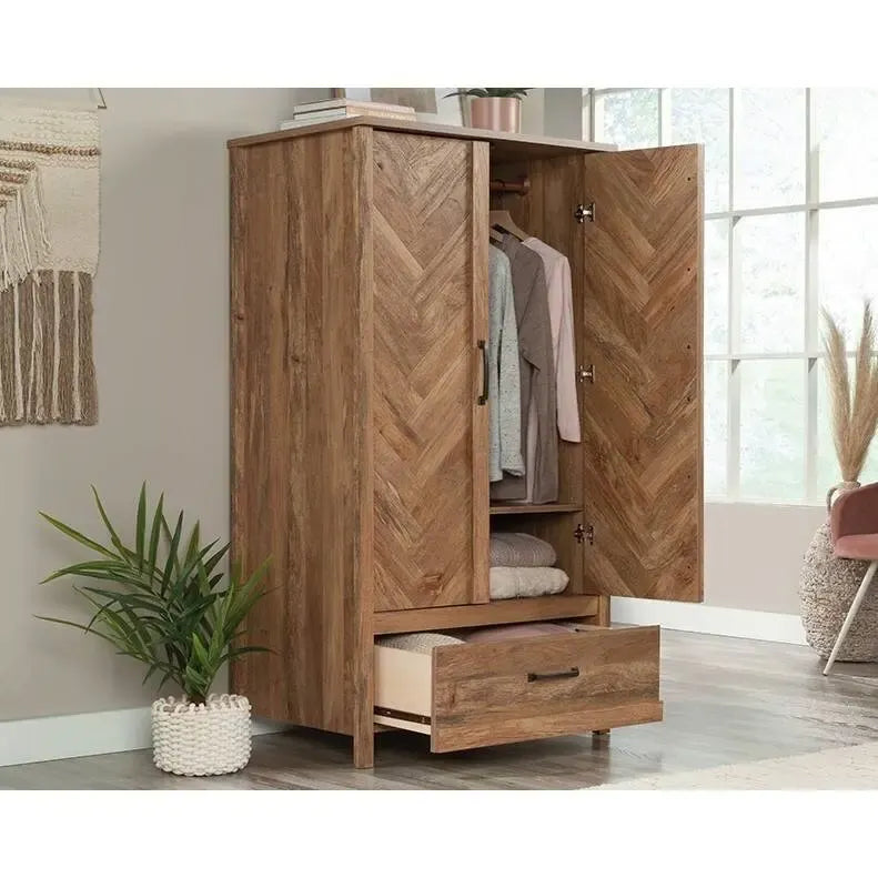 Rustic Farmhouse Herringbone Wardrobe Armoire with 1 Drawer and Garment Rod - Dimensions: 22.5" L x 32.3" W x 59.3" H