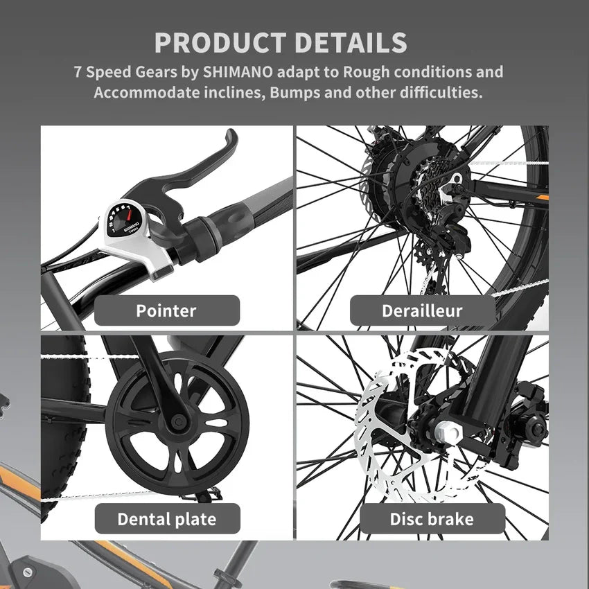 26 In.48V 13Ah 750W Mountain Electric Bikes for Adults Men, 26"x4.0 Fat Tire Electric Bicycle 7 speeds Gear Outdoor Ebikes, Black,S48