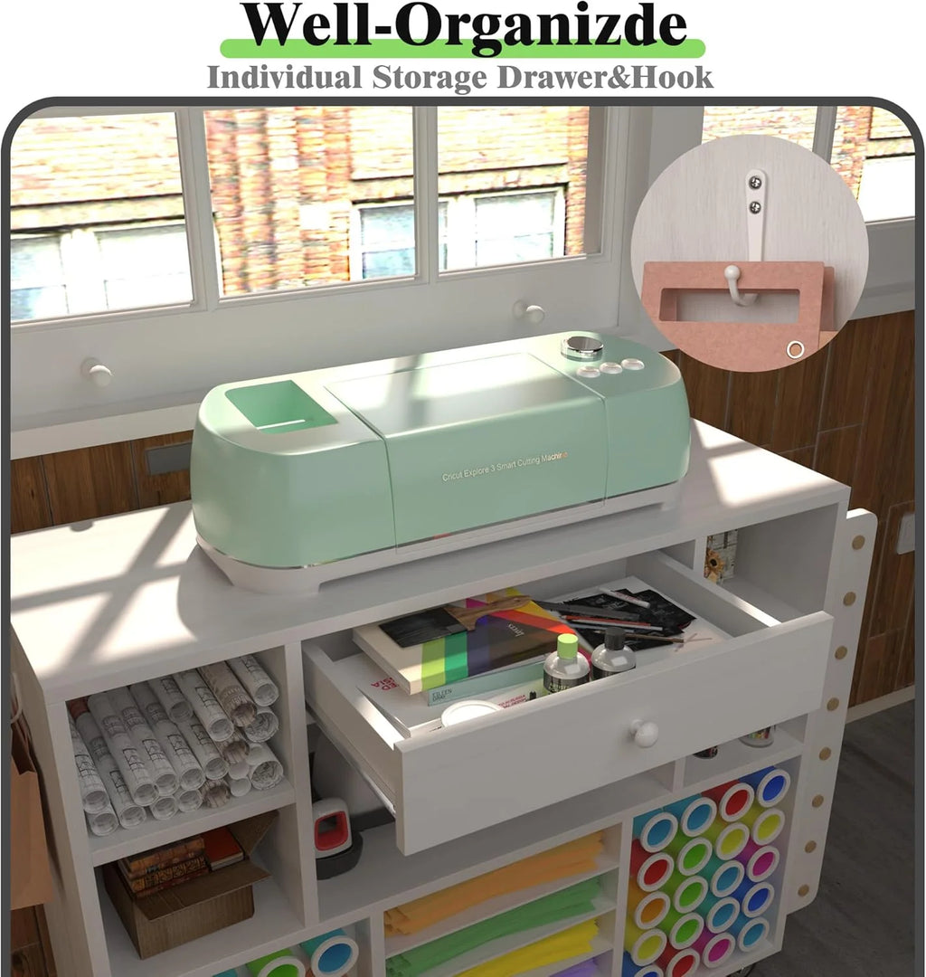2025 Craft organization and storage Cart Compatible with Cricut Machine, Rolling Craft Organizer With large drawer & 48 Vinyl Roll Holder, Crafting Cabinet Table Workstation for Craft Room Home