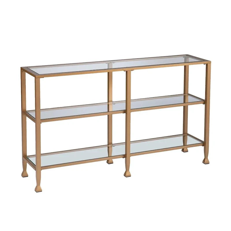 Jensen Gold Metal Console Table with Glass Shelves by SEI Furniture - Narrow Design