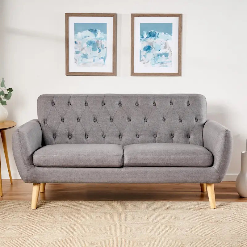 Mid Century Tufted Sofa with Cushioned Seat and Wooden Legs