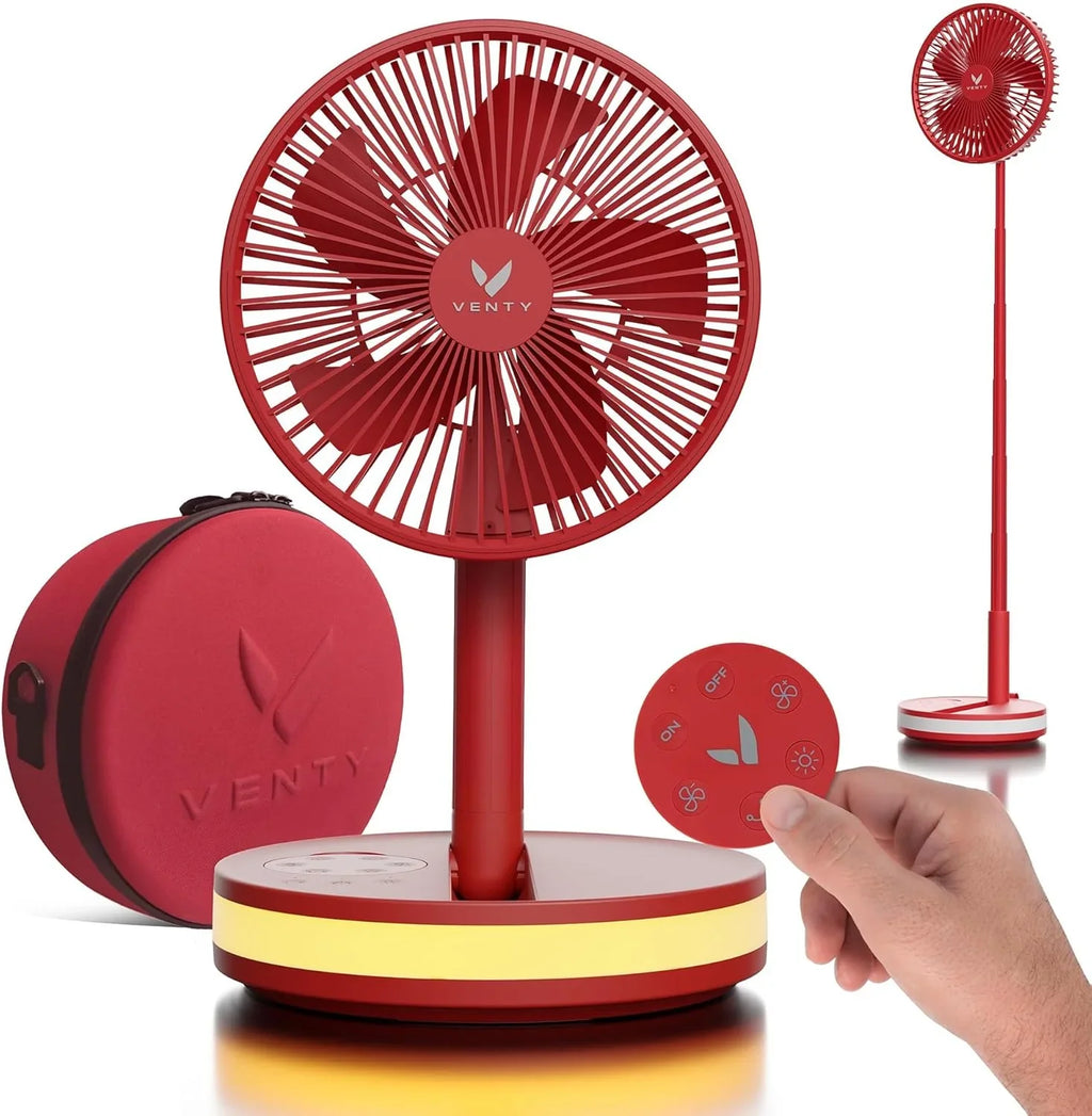 VENTY Portable Fan - Wireless Battery Operated Fan - 4 Speeds - LED Lighting - Carry Case & Remote Control - Cruise Travel - Outdoor Travel RV Power Bank With USB-C Port (Black with Case)