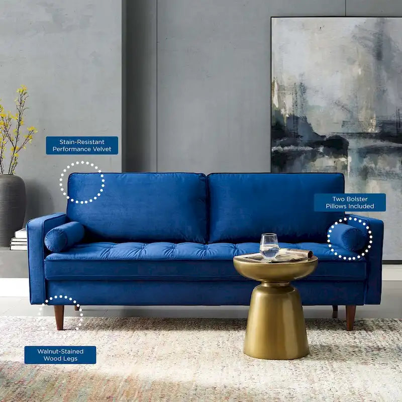 Mid Century Velvet Sofa with Tufted Back and Wooden Legs