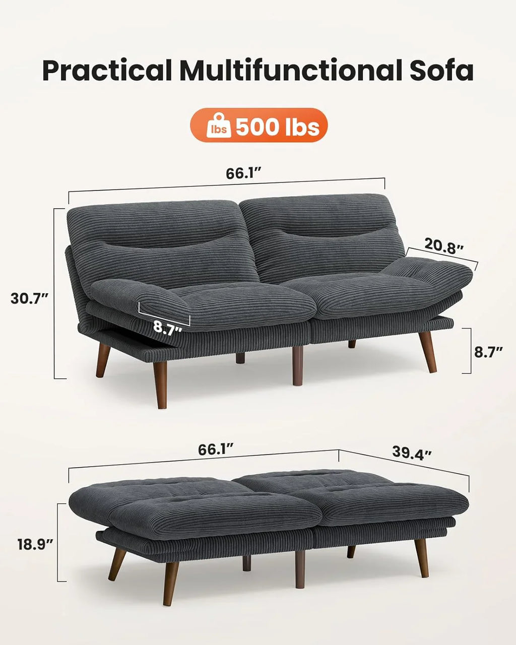 Pipishell Convertible Futon Sofa Bed,66" Corduroy Futon Couch with Adjustable Backrest and Armrests, Recliner Sleeper Sofa for Small Spaces, Play Room or Office, Grey
